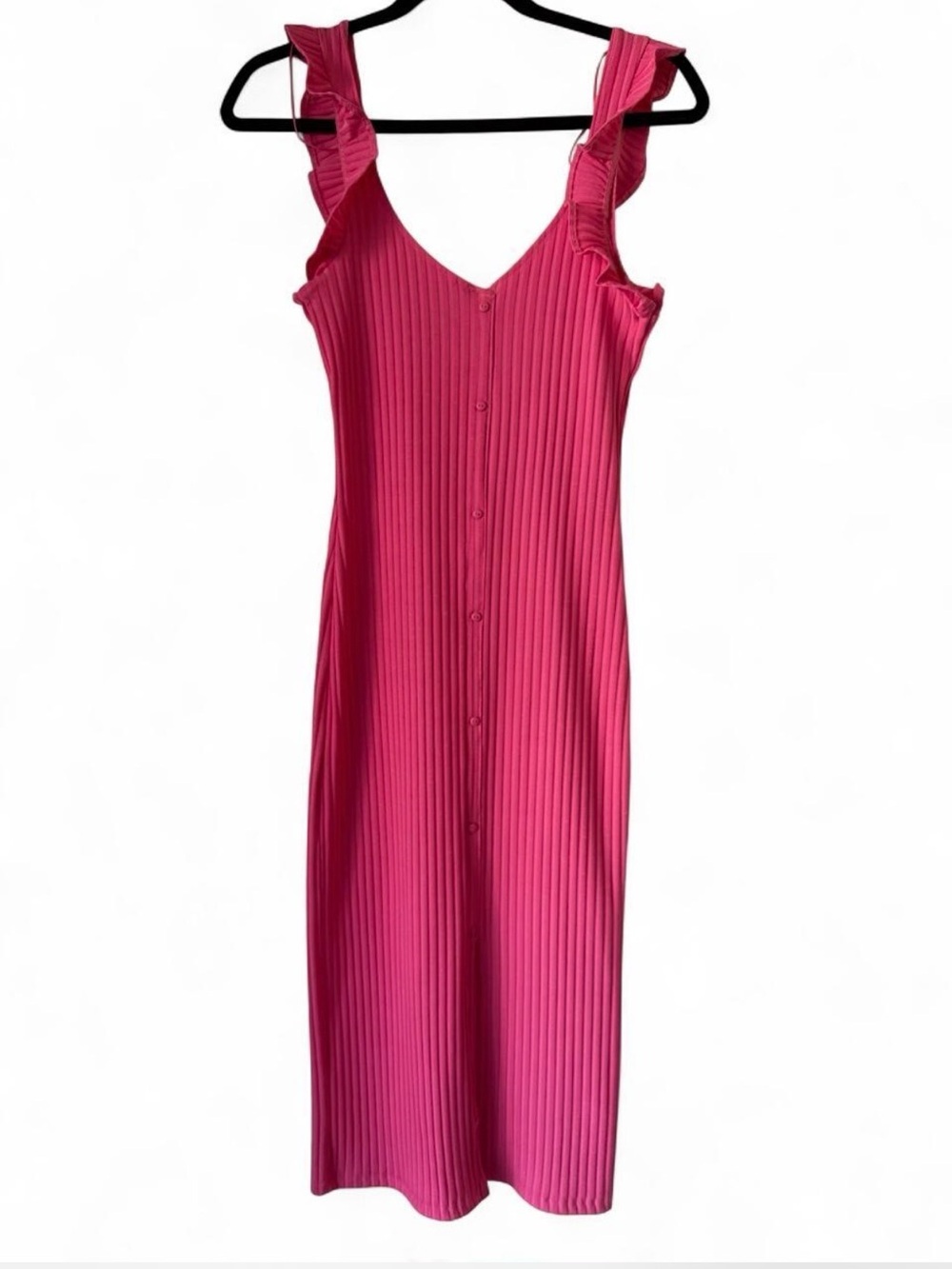 Zara Pink Ribbed Button-Front Midi Dress with Ruffle Straps - Picture 3 of 4